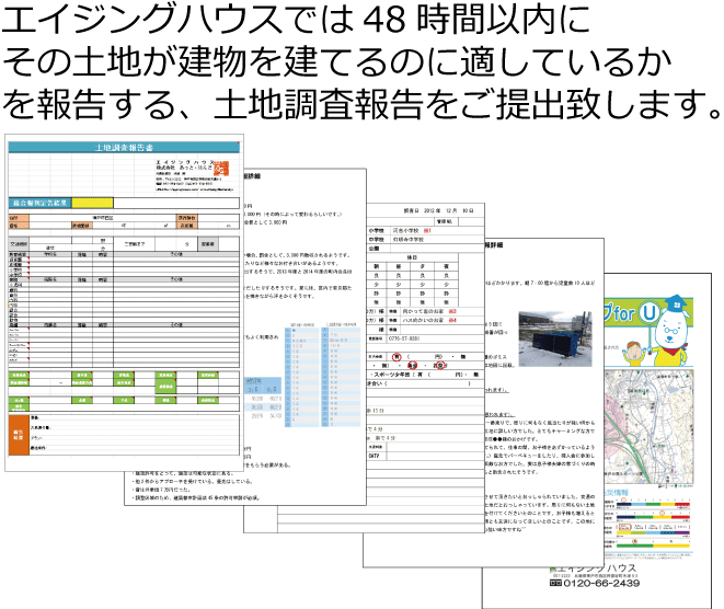 エイジングハウスでは48時間以内にその土地が建物を建てるのに適しているかを報告する、土地調査報告をご提出致します。