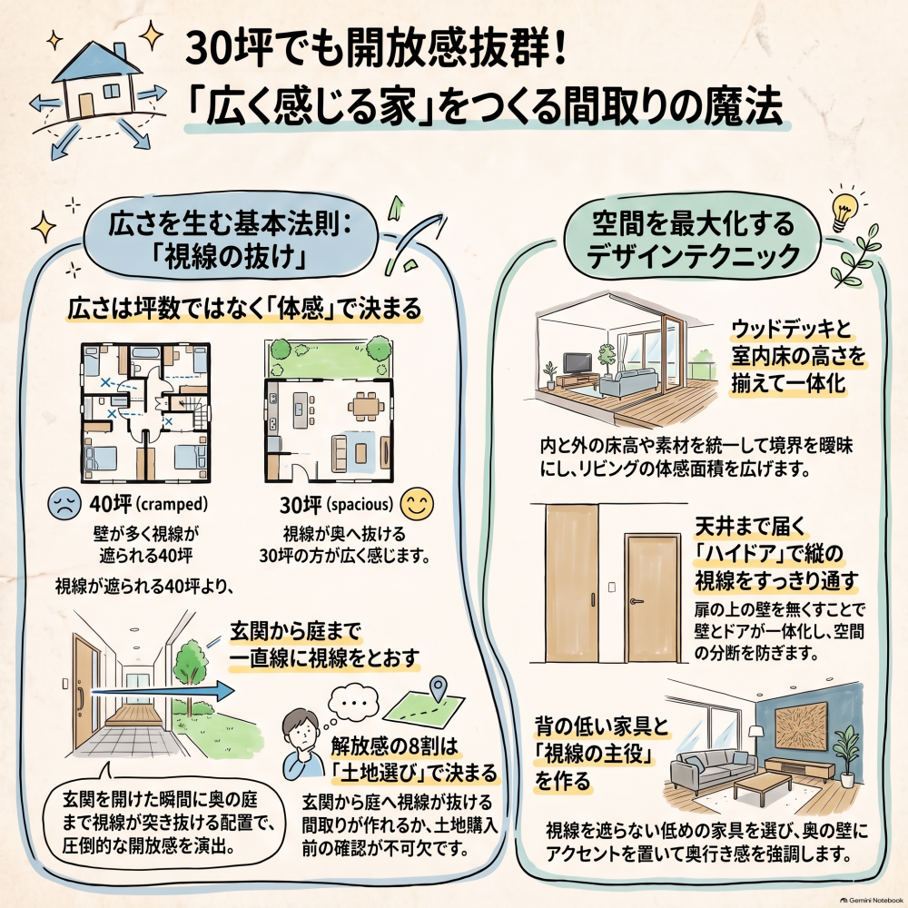 30坪の家を広く感じさせる間取り|窓・天井・仕切りの工夫